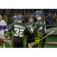 Saskatchewan Rush exchange congratulations after a goal