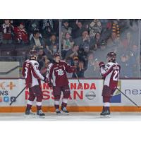 Peterborough Petes' Gavin White, Avery Hayes and Tucker Robertson on game night