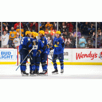 Toledo Walleye, as the Barracudas, gather to celebrate a goal