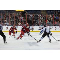 Rapid City Rush's Keanu Yamamoto And Rory Kerins And Idaho Steelheads' Patrick Kudla In Action