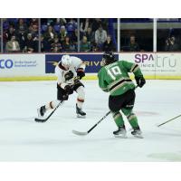 Vancouver Giants' Zack Ostapchuk and Prince Albert Raiders' Aiden Oiring on game night