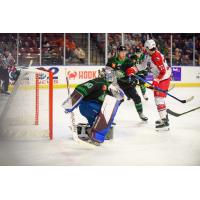 Allen Americans center Grant Hebert looks for an opportunity against the Utah Grizzlies