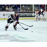 Vancouver Giants' Skyler Bruce battles Kamloops Blazers' Ryan Michael