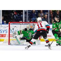 Prince Albert Raiders' Max Hildebrand and Landon Kosior and Kelowna Rockets' Carson Golder in action