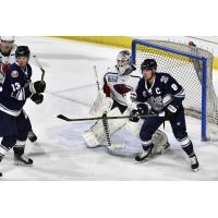 Worcester Railers forwards Billy Jerry (left) and Bobby Butler set up in front of the South Carolina Stingrays goal