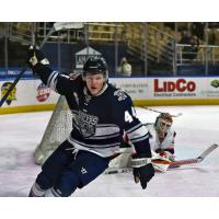 Worcester Railers forward Jimmy Lambert reacts after scoring a goal