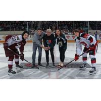 Peterborough Petes' J.R. Avon and Ottawa 67's Vinzenz Rohrer on Fleming College Night at the PMC