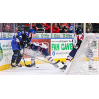 Wichita Thunder 's Peter Bates versus Tulsa Oilers' Andrew Jarvis