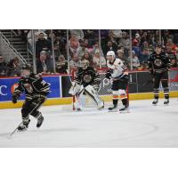 Hershey Bears' goalie Zachary Fucale and Lehigh Valley Phantoms' Garrett Wilson on the ice