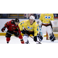 Prince George Cougars' Carlin Dezainde and Victoria Royals' Justin Kipkie in action