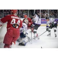 Allen Americans right wings Stefan Fournier and Mikael Robidoux pressure the Utah Grizzlies