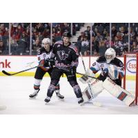 Calgary Hitmen's Riley Fiddler-Schultz and Kelowna Rockets' Marek Rocak and Jari Kykkanen on game night