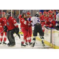 Allen Americans right wing Mikael Robidoux (left) welcomes the Utah Grizzlies