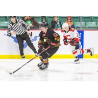 Vancouver Giants' Mazden Leslie and Prince George Cougars' Zac Funk in action