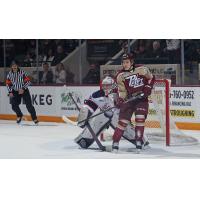 Saginaw Spirit 's Tristan Lennox and Peterborough Petes' Chase Stillman in action