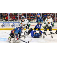 Wichita Thunder's Justin Kapelmaster, Zack Hoffman and Jay Dickman battle Utah Grizzlies' Cameron Wright and Tyler Penner