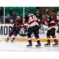 Belleville Senators' Angus Crookshank, Jonathan Aspirot and Jarid Lukosevicius on game night