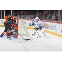 Lehigh Valley Phantoms' Adam Ginning battles Toronto Marlies' Pontus Holmberg