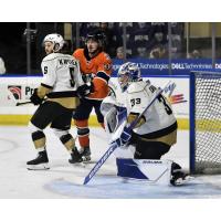 Worcester Railers' Max Johnson and Newfoundland Growlers' Brennan Kapcheck and Luke Cavallin on the ice