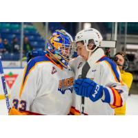 Saskatoon Blades' Ethan Chadwick and Tanner Molendyk