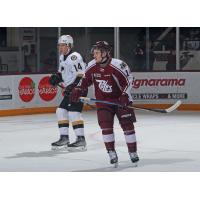 Kingston Frontenacs' Ian Lemieux and Peterborough Petes' Liam Kirk on game night