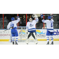 Wichita Thunder's Kelly Bent, Roman Basran and Zack Hoffman celebrate win