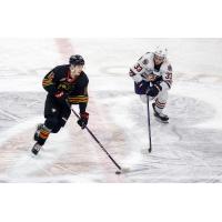 Vancouver Giants' Connor Dale and Kamloops Blazers' Shea Van Olm on the ice