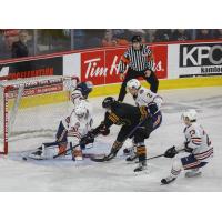 Kamloops Blazers' Michael Schnattinger, Logan Bairos and Dylan Sydor versus the Vancouver Giants