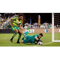 Indy Eleven goalkeeper Yannik Oettl makes a save against the Tampa Bay Rowdies