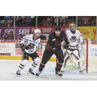 Lehigh Valley Phantoms' Garrett Wilson battles Hershey Bears' Bobby Nardella and Clay Stevenson