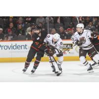 Lehigh Valley Phantoms' Cooper Marody versus Hershey Bears' Aaron Ness and Ethen Frank