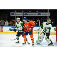 Bakersfield Condors' Noah Philp and Texas Stars' Oskari Laaksonen and Remi Poirier on the ice