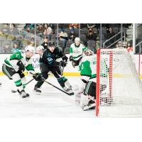 San Jose Barracuda's Tristen Robins versus Texas Stars' Will Butcher and Dylan Wells