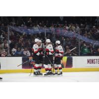 Belleville Senators' Roby Jarventie, Egor Sokolov and Cole Cassels on the ice