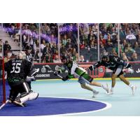 Saskatchewan Rush forward Dan Lintner takes a shot vs. the Calgary Roughnecks