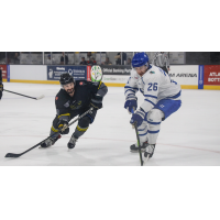 Wichita Thunder defenseman Cole MacDonald (right) vs. the Iowa Heartlanders