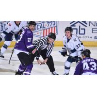 Adirondack Thunder's Travis Broughman and Worcester Railers' Reece Newkirk on game night