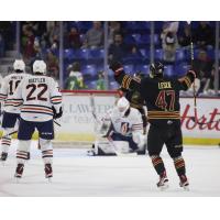 Vancouver Giants defenceman Mazden Leslie reacts after a goal against the Kamloops Blazers