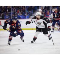 Vancouver Giants centre Ethan Semeniuk (right) against the Kamloops Blazers