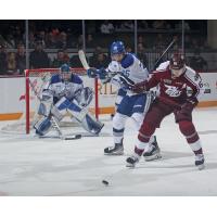 Sudbury Wolves' Dylan Robinson battles Peterborough Petes' Konnor Smith