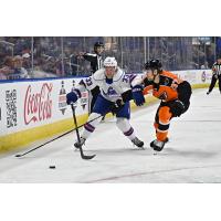 Bridgeport Islanders' Reece Newkirk battles Lehigh Valley Phantoms' Adam Ginning