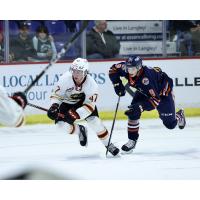 Vancouver Giants' Mazden Leslie and Kamloops Blazers' Emmitt Finnie on the ice