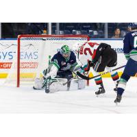 Seattle Thunderbirds' Thomas Milic battles Kelowna Rockets' Dylan Wightman