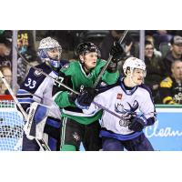 Texas Stars' Riley Tufte versus Manitoba Moose's Evan Cormier and Dean Stewart