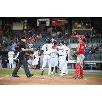 Fayetteville Woodpeckers' Narbe Cruz and Ryan Clifford celebrate win