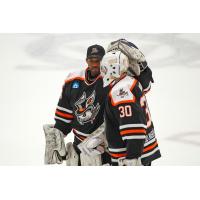 Danbury Hat Tricks goaltenders Frankie McClendon (left) and Brian Wilson