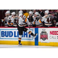 Lehigh Valley Phantoms' Olle Lycksell congratulates teammate Emil Andrae