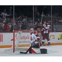 Peterborough Petes celebrate a goal against the Ottawa 67's