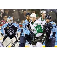 Texas Stars' Riley Tufte and Milwaukee Admirals' Xavier Bouchard on game night