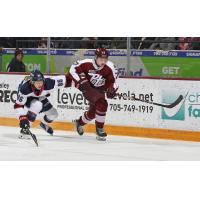 Peterborough Petes defenceman Genc Ula (right) vs. the Saginaw Spirit